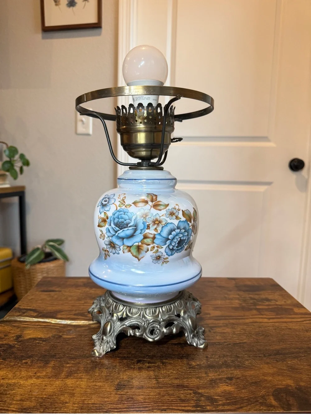 Vintage Blue Floral Hurricane Parlor Lamp Base Milk Glass Gone With The Wind